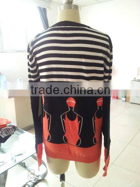 Ladies' pullover sweater fashion style,stripe block jacquard pattern