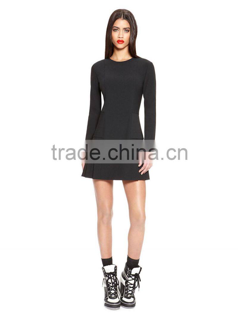 2016 long sleeve skater dress long sleeve crewneck dress with pleated skirt