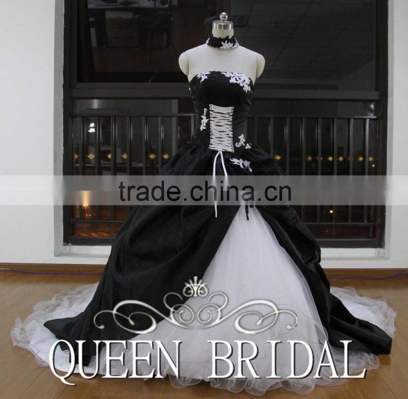 Real Works Strapless Black and White Wedding Dresses 2015 Ball Gown