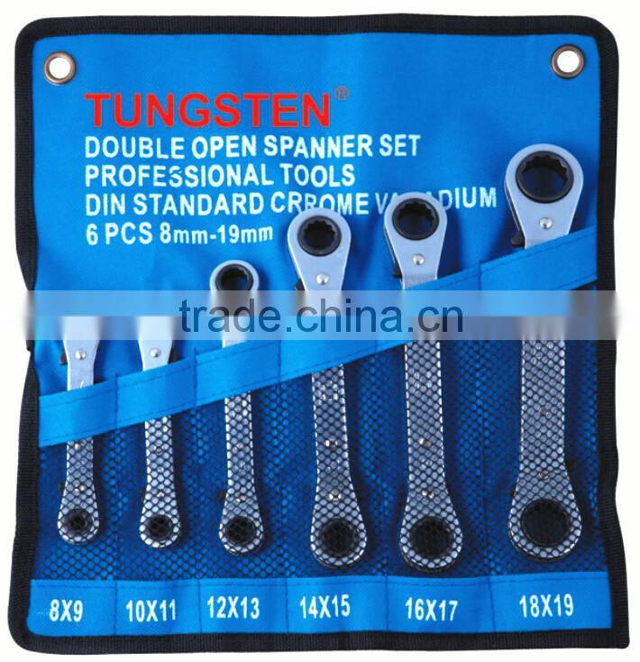 Satin Chrome Finish Cr-V Steel Double Ring Ratchet Gear Wrench Set with Rolling Pouch Bag