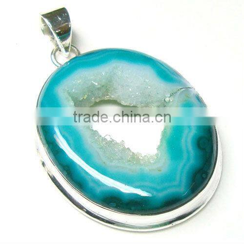 Sterling Silver Faceted Red Colored Ganet & Pink Druzy Pendant