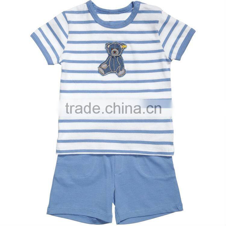 whoesale 100% cotton baby set striped print t shirt and blue short sets manufacture in china