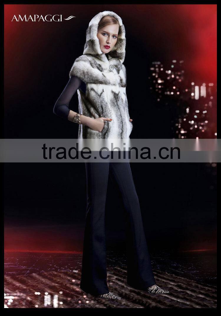 regular length winter women black cross mink fur coat with hat