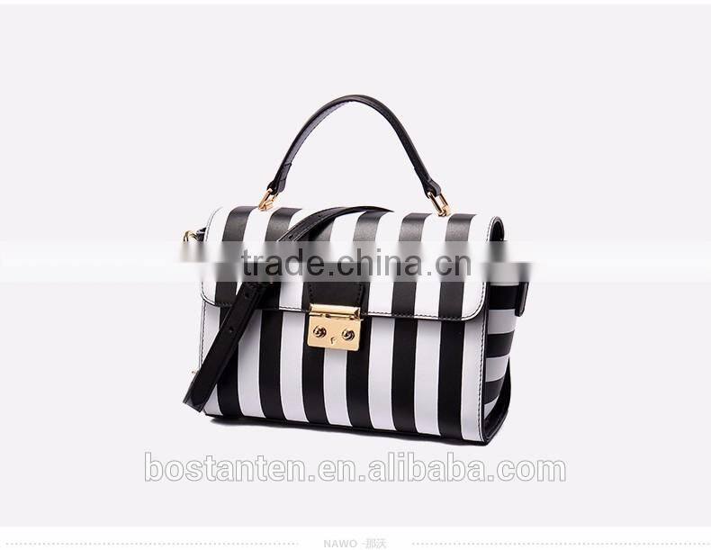 Striped design women handbag leather tote bag lock metal buckle