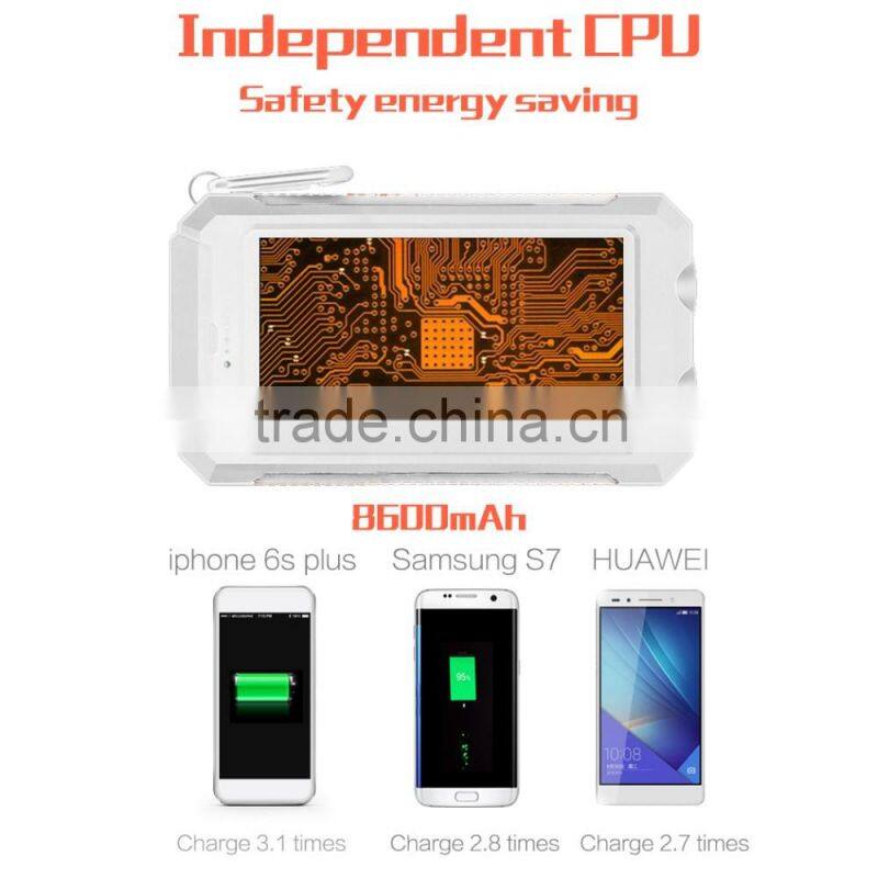 Outdoor survival waterproof solar mobile power bank charger with hook 10000mah