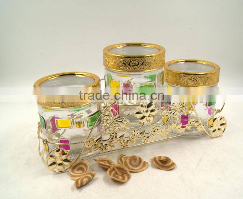 Set of 3 Glass Jar Food storage canister with Golden shelf