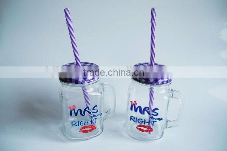 450ml glass drinking mug with tin lid and plastic straw