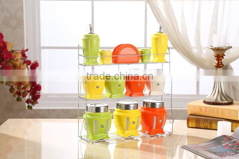 colour ceramic canister set with stainless metal stand