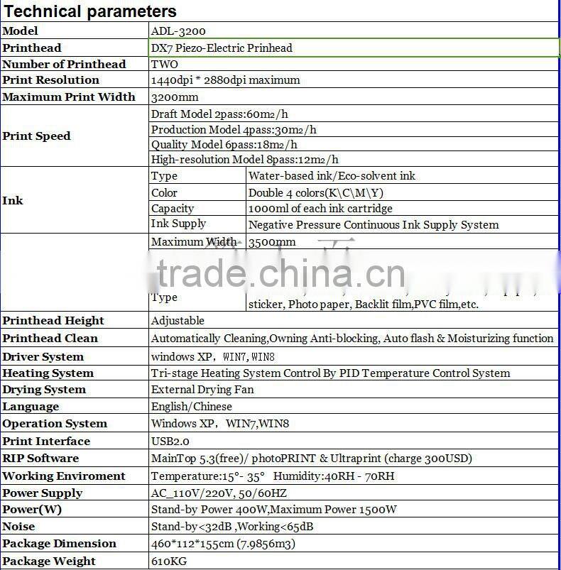 3.2m outdoor and indoor dx7 head solvent printer price ,cheap solvent printer ADL-3200