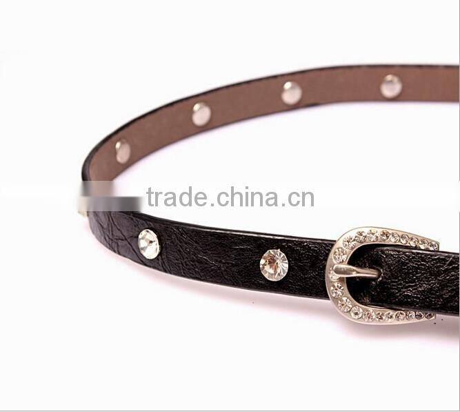 Fashion rhinestone decorated pin buckle sex girl black thin PU waist belt