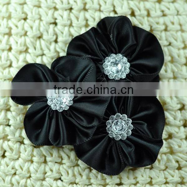 handmade satin flower with rhinestone center for kids hair accessories