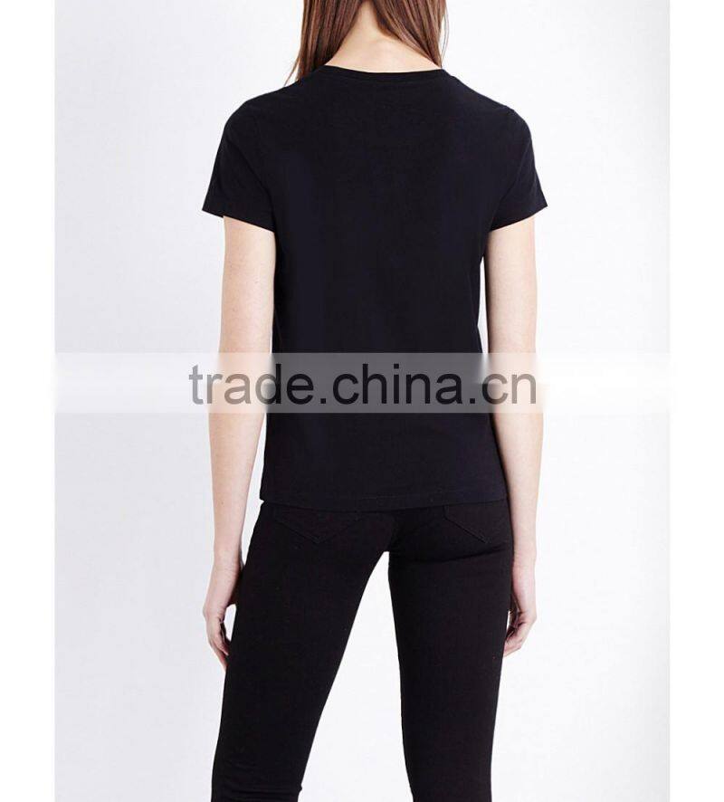 Wholesale Women Short Sleeves Black Front-printed T-shirt(DQE0073T)