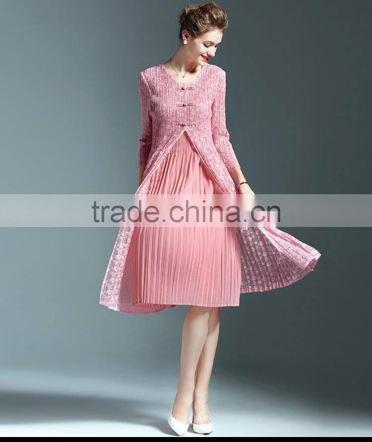 Chinoiserie ladies pleat fake two pieces lace spliced dress