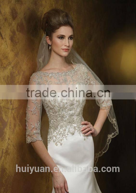 sexy satin lace baeded long sleeve open back wedding dress
