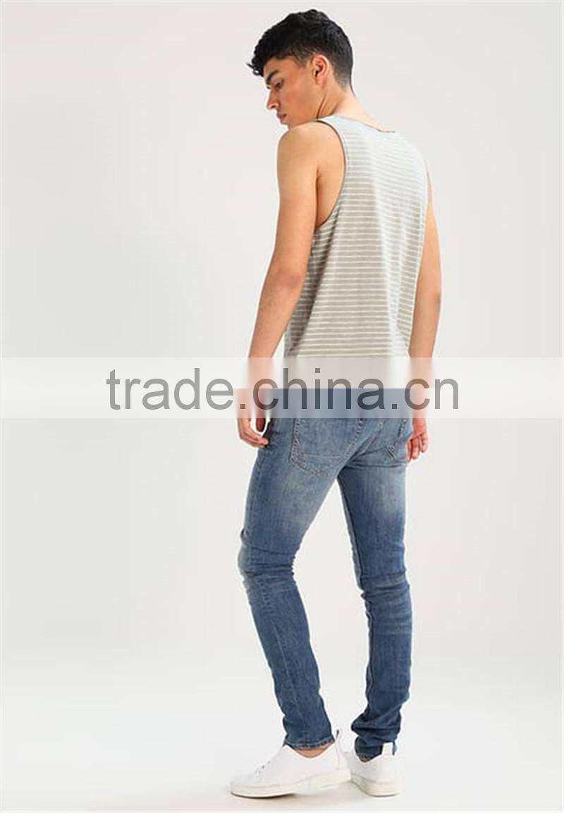 MGOO Scoop Neck Raw Cut Hems Mens Singlet Vests White Striped Sleeveless Drop Armhole Tank Top