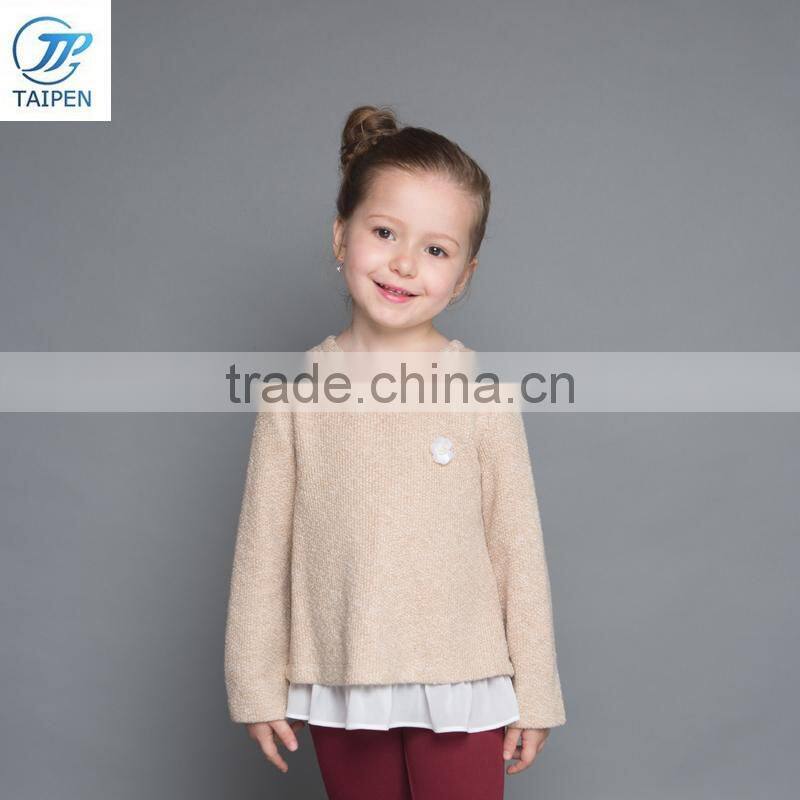 Winter Girls Knitted t Shirt Decorated With Lace And Pearl Around Neck Kids Long Sleeve Clothes