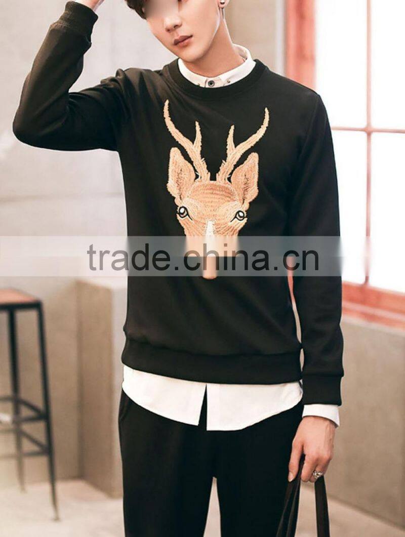 Fashion deer embroidery black designer tshirt with long sleeves sweatshirt