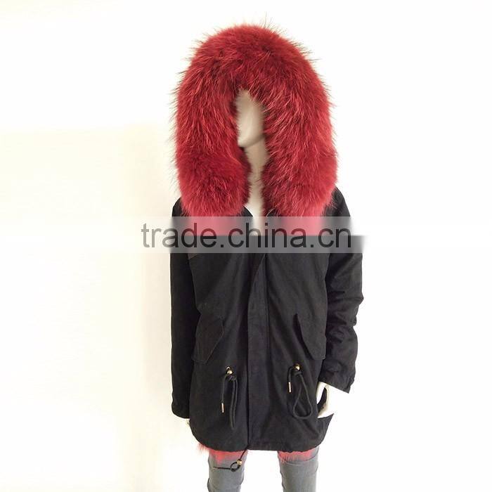 Myfur Navy Cotton Custom Parka Coat for Women with Red Real Fox Fur Lining