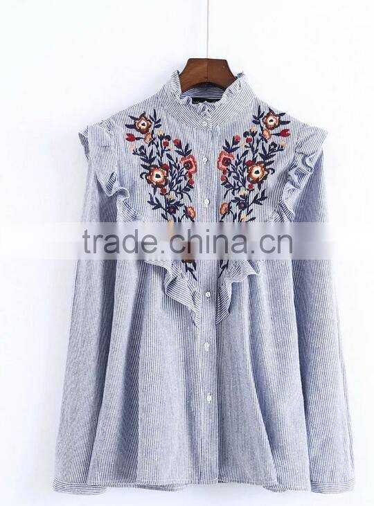 Runwaylover EY2360B Women embroidery blouses floral vintage loose office linen tops ladies shirts