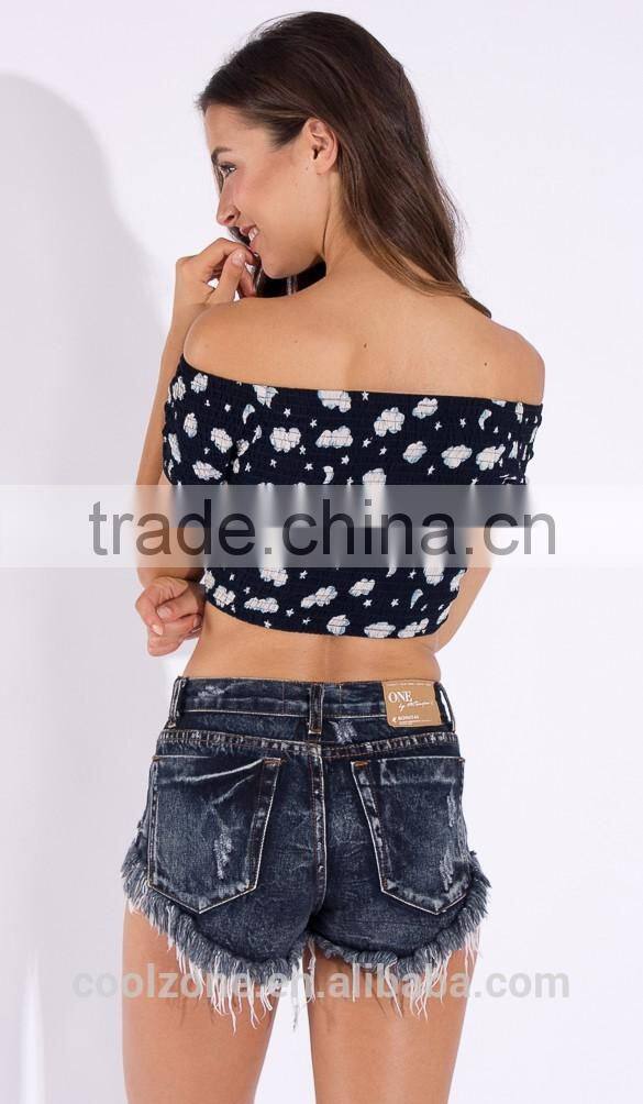 Fashion off-shoulder design short sleeve crop top for women, floarl print women tank top