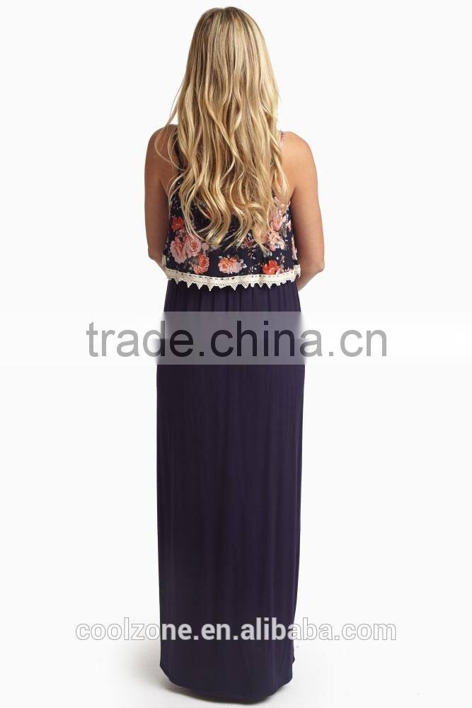 New Style Navy Blue Floral Overlay Maternity Clothes Maxi Dress Wholesale