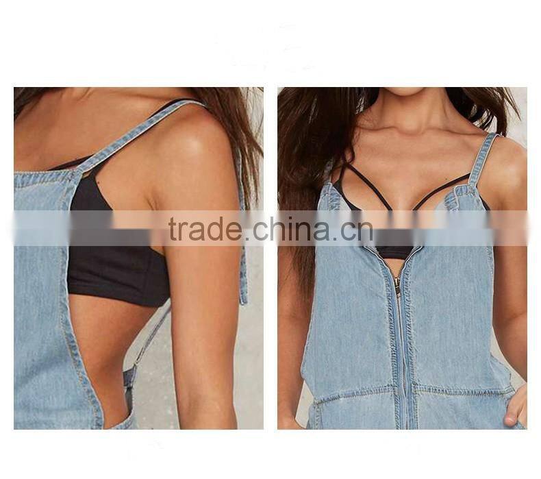 Women's summer casual fashion front zipper straps denim jeans short suspender bib overalls