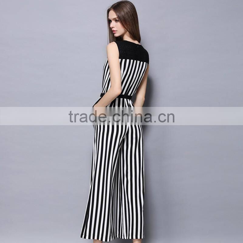 2017 Guangzhou wholesale stripe casual comfort unique mature elegant summer sleeveless jumpsuit with belt for ladies