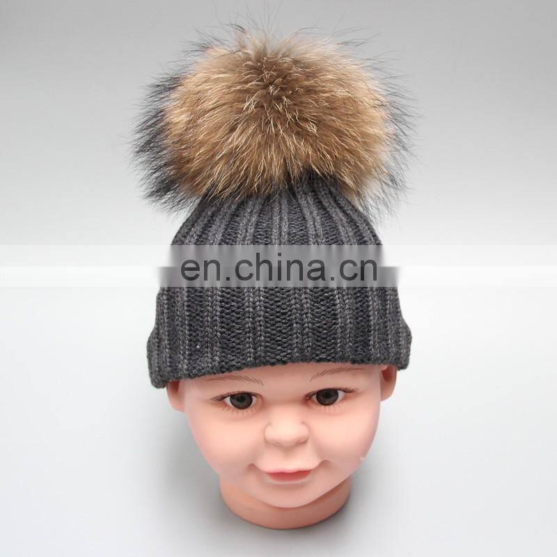 Child Baby Women Winter Knit Beanie Raccoon Fur Pom Bobble Hat Crochet Ski Cap