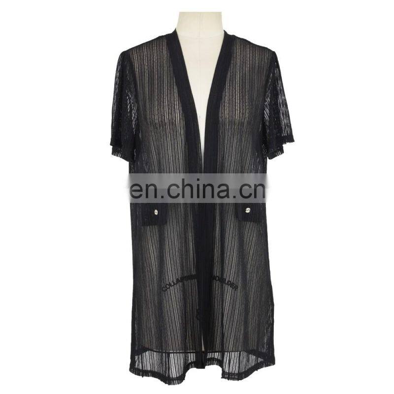 Stripe Jacquard Mesh See-Throught Old Women Long Cardigan Guangzhou Factory