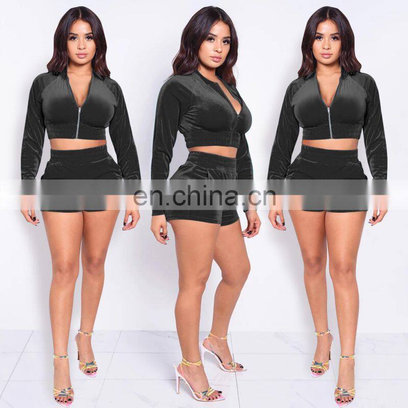Clothing wholesale custom solid color long-sleeved shorts suit sexy casual two-piece plus size women's clothing