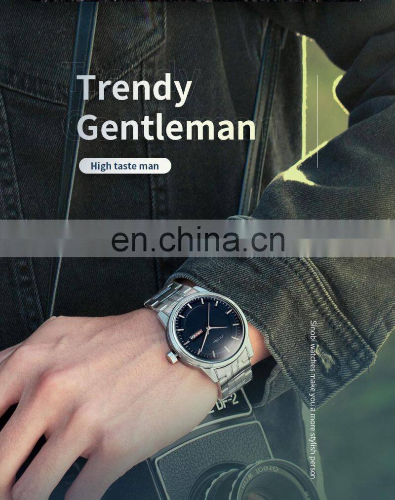 SINOBI Male Classic Black Dial Watches S9834G Dual Calendar Window Man Wrist Watches Business Man Steel Watch