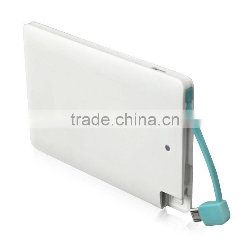 Easy carry promotional gift ultra thin 2500mAh credit card power bank with built in micro usb cable and i phone adapator