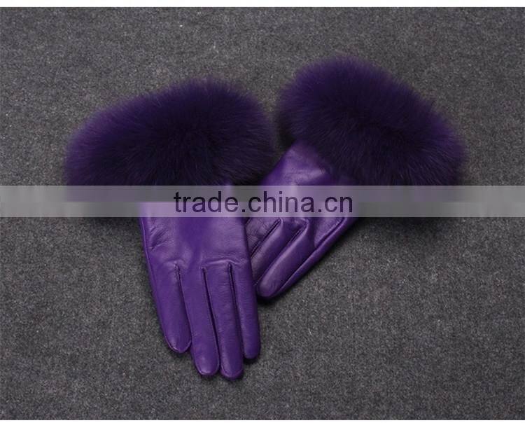 Winter Ladies Sheep Leather Gloves With Beige Fox Fur Cuff