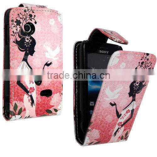 New printed pu leather flip case cover for Sony Xperia Tipo ST21i, cute cartoon leather case for Sony Xperia Tipo ST21i