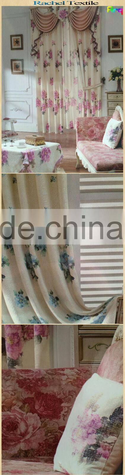 Curtain, cushion cover, bedding fabric with flower printed on linen