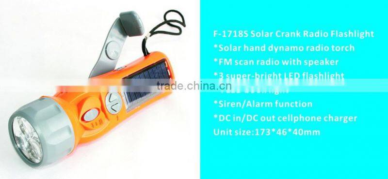 F-1718S Solar Crank Radio Flashlight,3 super-bright LED flashlight with Alarm and FM radio