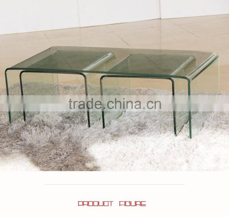 Classic Design Special Shape All Glass Transparent Coffee Table Glass Top 1+2 cafe table