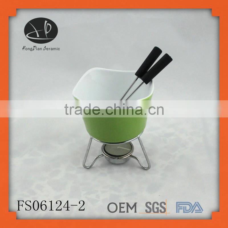 ceramic chocolate fondue pot with iron stand,cheese fondue pot