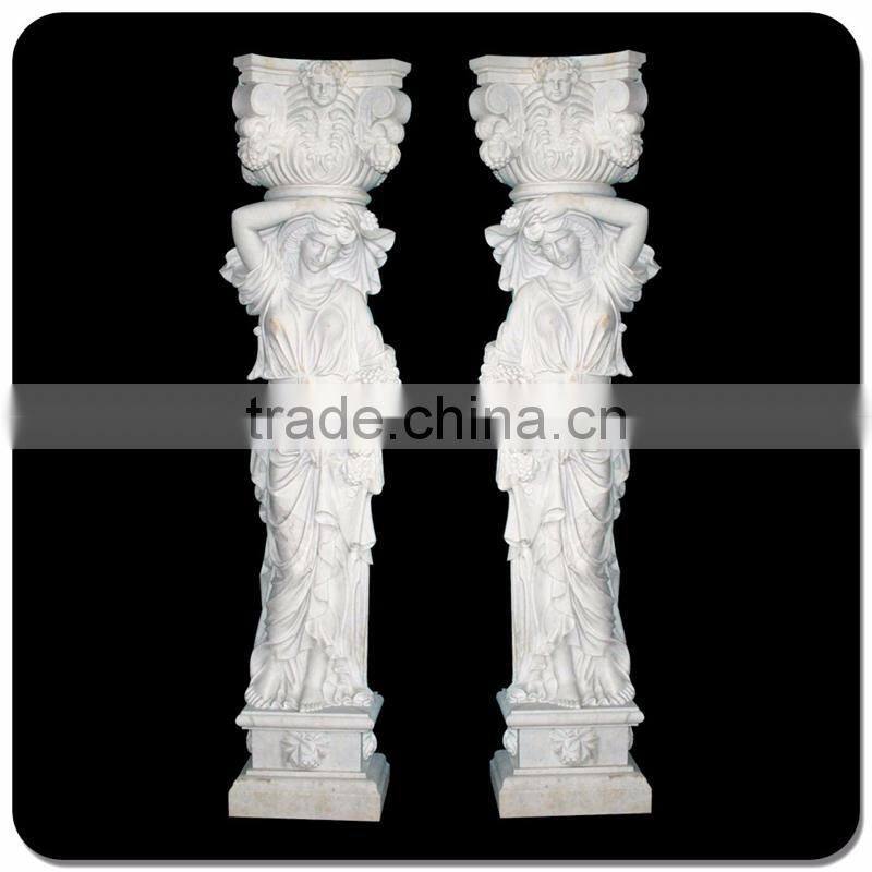 Roman art pillar ionic cap marble stone column with girl statue