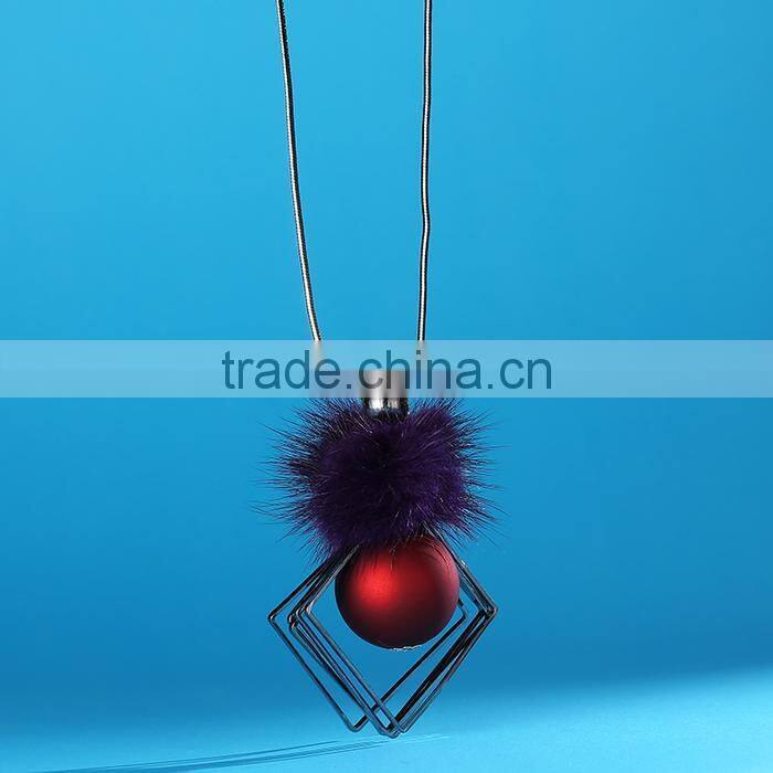 chunky ball metal square pendant necklace winter mink fur ball pendant necklace geometric sweater necklace