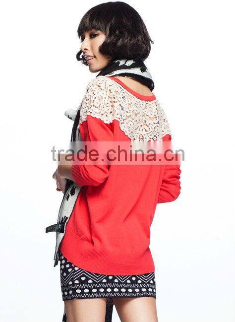 OEM ladies fashion O-neck lace mixed woman kint sweater
