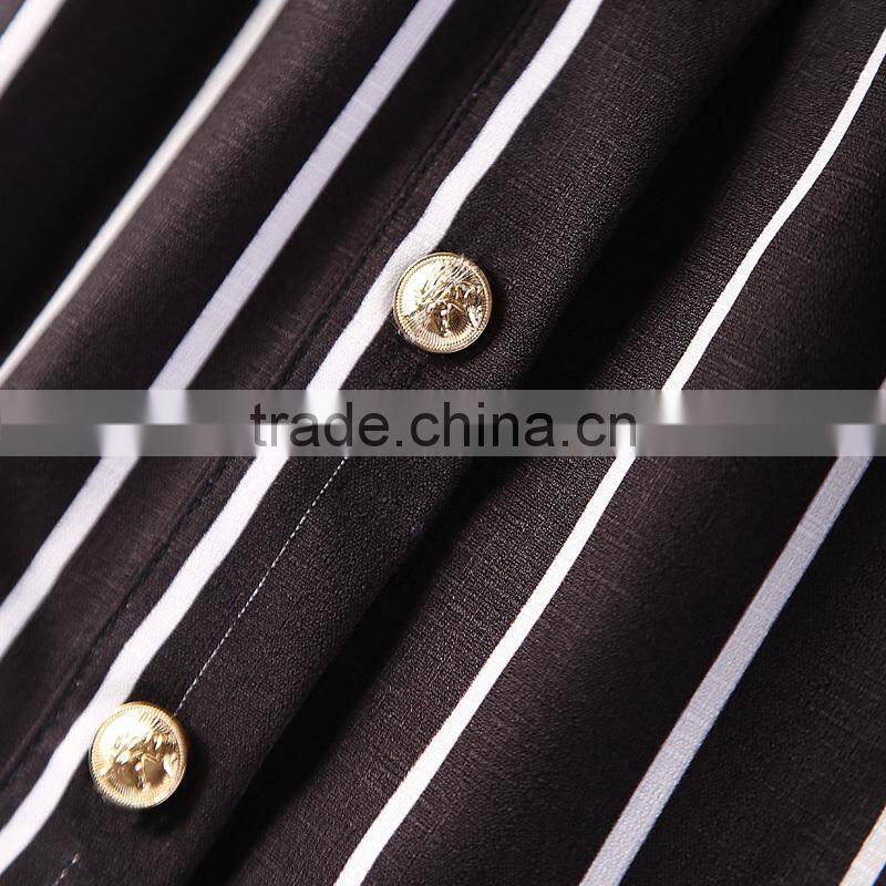 Women fashion short sleeve white and black stripes printing button down loose legging casual romper jumpsuit