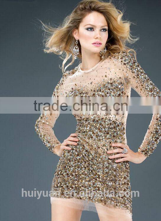 beautiful beaded long sleeve woman evening party dress 2015