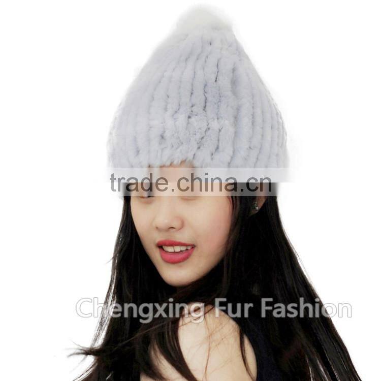 CX-C-58K Hand Knitted Genuine Rex Fur Beanie Hat With Fox Fur Ball