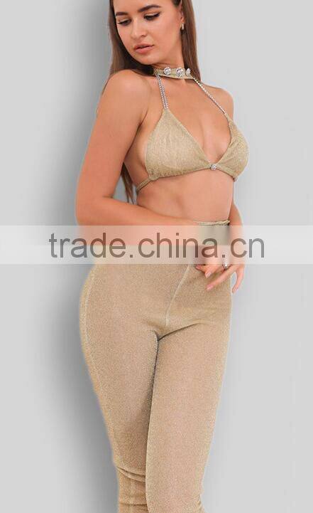 Runwaylover 078 Europe Style 2017 Ladies Sexy Beaded Crop Top And Tight Pants