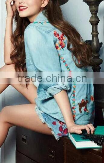Runwaylover EY2348B New Design 2017 Ladies Fashion Embroidery Denim Blouse