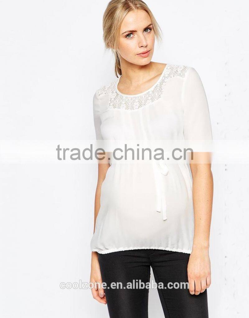 Elegant semi-sheer pleated lace detail maternity wear wholesale tank top
