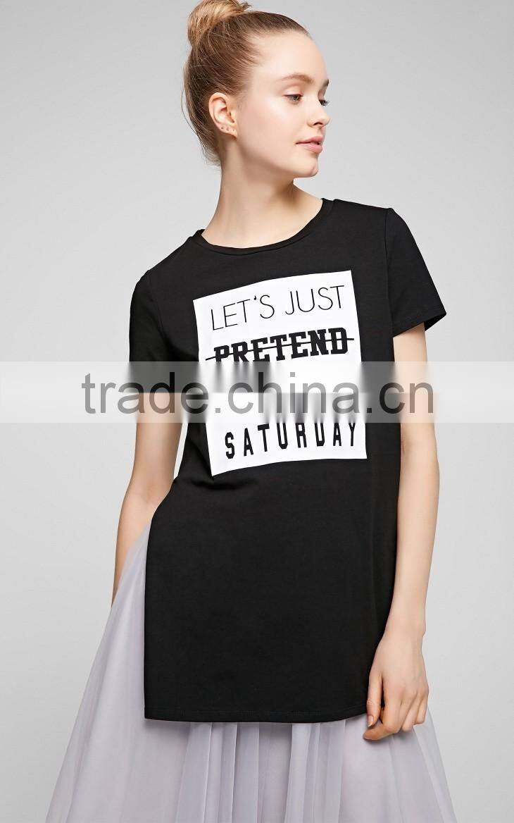 Women's English pattern high quality cotton long printing casual t shirt with high split sides