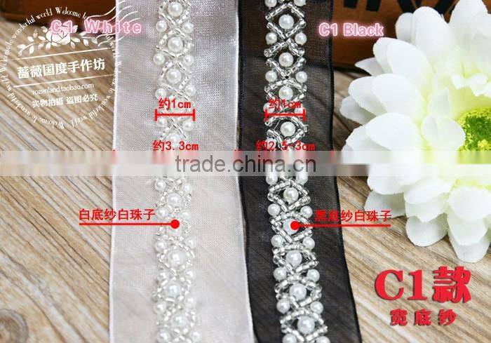 Handmade diy clothing collar accessories 1-3cm black white pearl decorative beaded lace trim