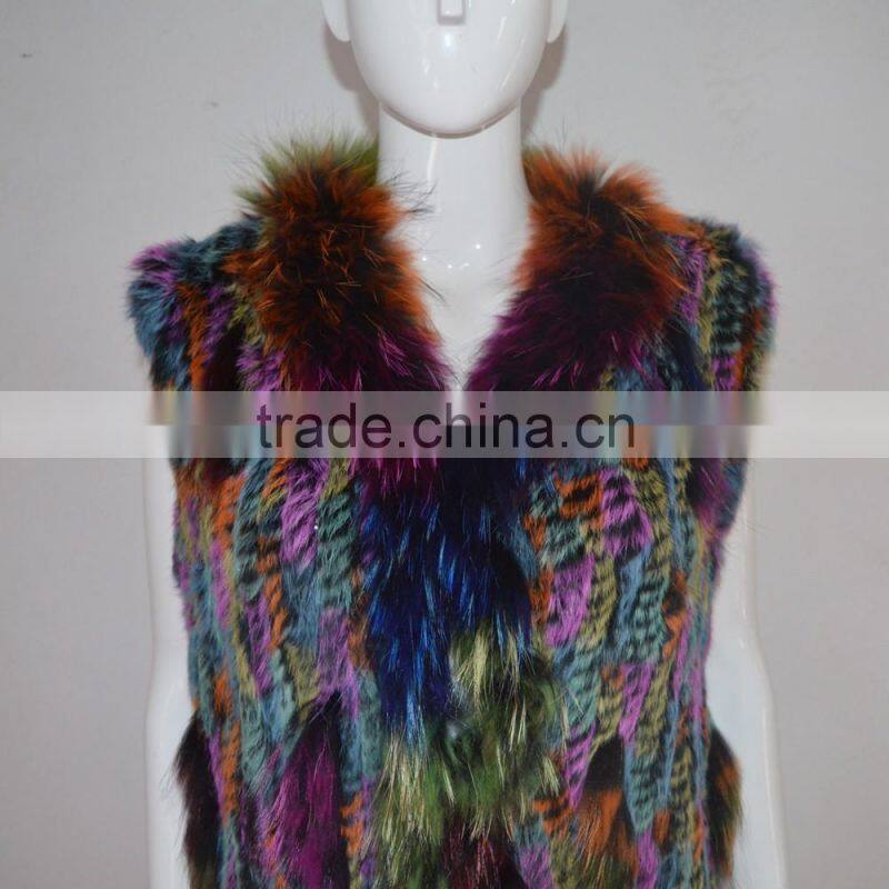 SJ005 Sexy America Tassels Rabbit Knitting Vest with Raccoon Fur